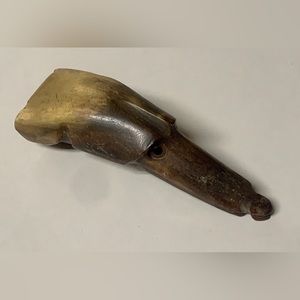Antique Folk Artisan Hand Carved Bull Horn Figural Dog Head Cane Handle